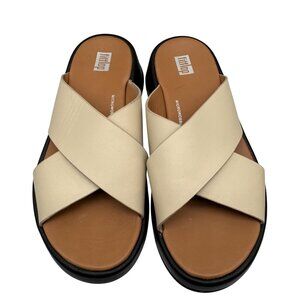 FitFlop F-Mode Stone beige/black Leather Flatform Cross comfort Slides Women sz5